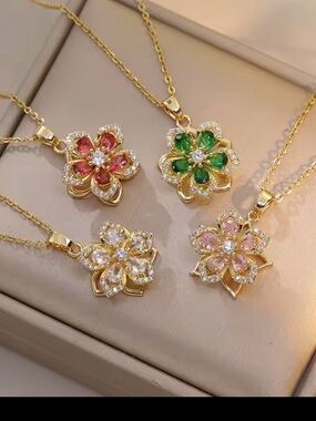 Gold-Plated Floral Pendant Necklace with Colored Gem Accents